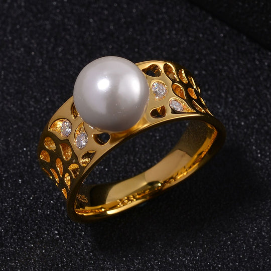 Weißer Muschelkernperle und Moissanit Ring, 925 Silber 750 Gelbgold Vermeil