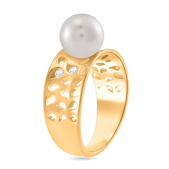 Weißer Muschelkernperle und Moissanit Ring, 925 Silber 750 Gelbgold Vermeil