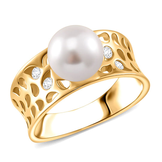 Weißer Muschelkernperle und Moissanit Ring, 925 Silber 750 Gelbgold Vermeil