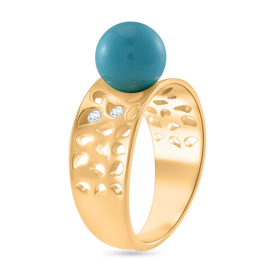 Sleeping Beauty Türkis farbe Muschelperle, Moissanit Ring 925 Silber 750 Gelbgold Vermeil (Größe 17.00)