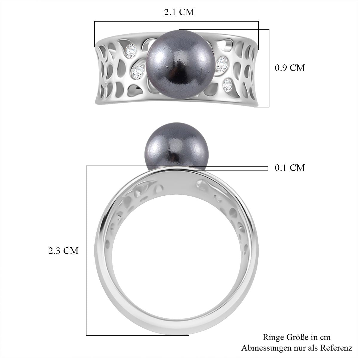 Tahiti Muschelkernperle, Moissanit Ring 925 Silber platiniert (Größe 16.00)