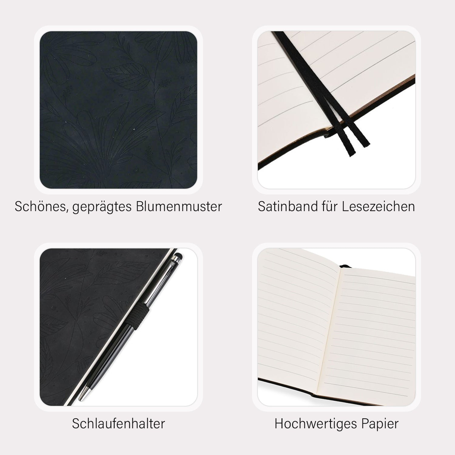 Blumengeprägtes Notizbuch-Geschenkset - Schwarz, Großes Notizbuch 21 x 14,5 cm, Kleines Notizbuch 14,9 x 10,8 cm, Stiftmaterial: Metall, Boxgröße: 22,5 x 20,9 x 3,8 cm, Boxfarbe: Schwarz