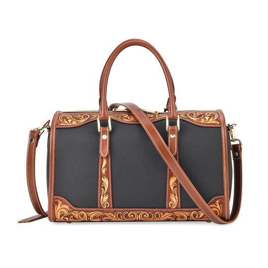 GRAND PELLE Elite Kollektion - Exklusive Handgravierte Leder-Handtasche mit Floralem Meisterwerk, 35 x 21 x 15 cm, Taubengrau