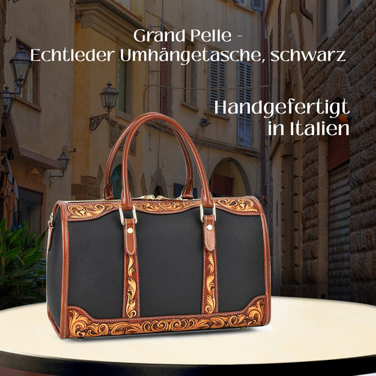 GRAND PELLE Elite Kollektion - Exklusive Handgravierte Leder-Handtasche mit Floralem Meisterwerk, 35 x 21 x 15 cm, Taubengrau