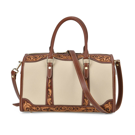 GRAND PELLE Elite Kollektion - Exklusive Handgravierte Leder-Handtasche mit Floralem Meisterwerk, 35 x 21 x 15 cm, Taubengrau