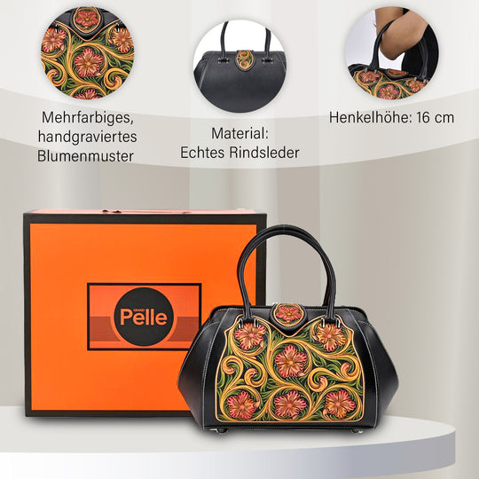 GRAND PELLE Elite Kollektion - Exklusive Handgravierte Lederhandtasche mit Floralem Meisterwerk, Größe 36 x 23 x 18 cm, rot