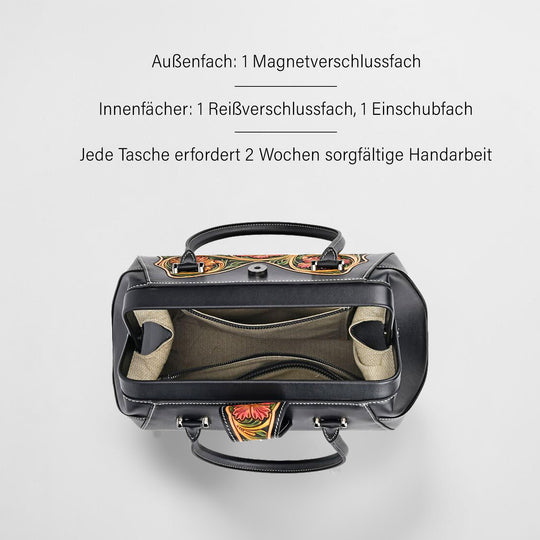 GRAND PELLE Elite Kollektion - Exklusive Handgravierte Lederhandtasche mit Floralem Meisterwerk, Größe 36 x 23 x 18 cm, rot