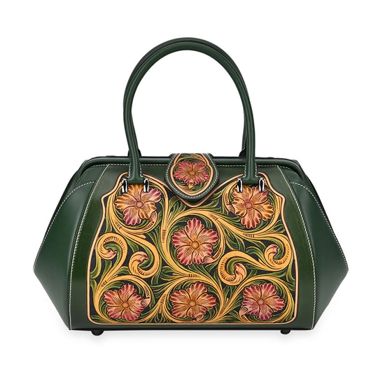 GRAND PELLE Elite Kollektion - Exklusive Handgravierte Lederhandtasche mit Floralem Meisterwerk, Größe 36 x 23 x 18 cm, rot
