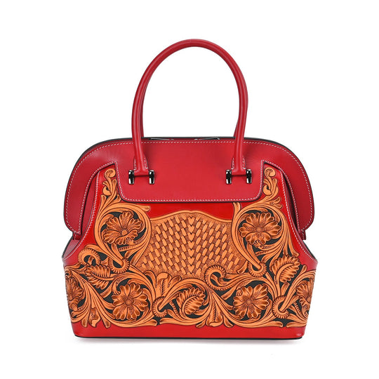 Grand Pelle Elite Kollektion- Handgravierte Westernstil Premium-Lederhandtasche im Handgepäckstil mit floralem Kunstwerk, Größe 28 x 25 x 15 cm, schwarz