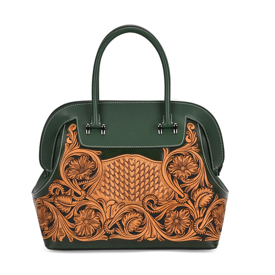 Grand Pelle Elite Kollektion- Handgravierte Westernstil Premium-Lederhandtasche im Handgepäckstil mit floralem Kunstwerk, Größe 28 x 25 x 15 cm, schwarz
