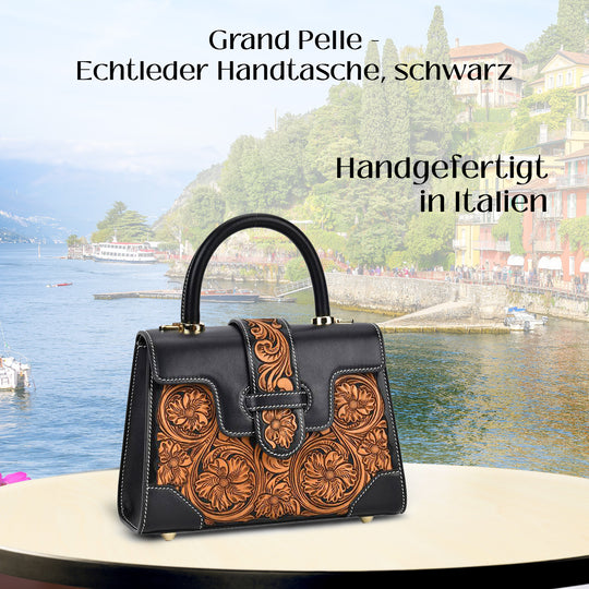 GRAND PELLE Elite Kollektion - Exklusive Handgravierte Leder-Satchelhandtasche mit Floralem Meisterwerk, Größe 23 x 16,5 x 9,5 cm, Hellgrün