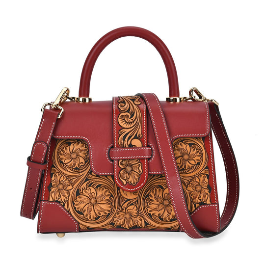 GRAND PELLE Elite Kollektion - Exklusive Handgravierte Leder-Satchelhandtasche mit Floralem Meisterwerk, Größe 23 x 16,5 x 9,5 cm, Hellgrün