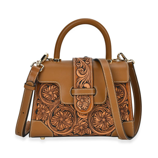 GRAND PELLE Elite Kollektion - Exklusive Handgravierte Leder-Satchelhandtasche mit Floralem Meisterwerk, Größe 23 x 16,5 x 9,5 cm, Hellgrün