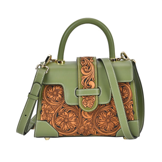 GRAND PELLE Elite Kollektion - Exklusive Handgravierte Leder-Satchelhandtasche mit Floralem Meisterwerk, Größe 23 x 16,5 x 9,5 cm, Hellgrün