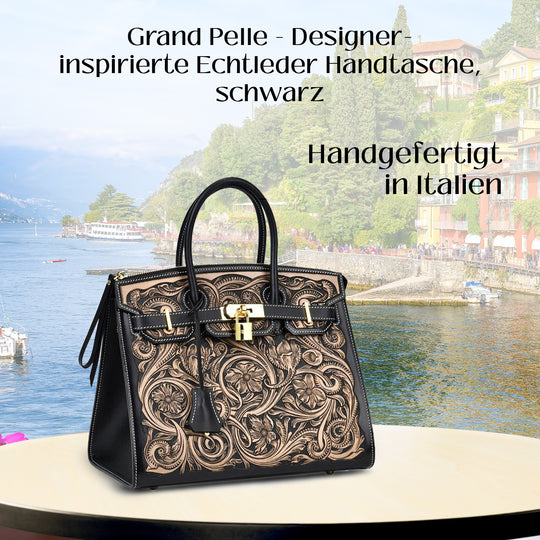 GRAND PELLE Elite Kollektion - Exklusive Handgravierte Leder-Padlock-Handtasche mit Floralem Meisterwerk, Größe 29,5 x 23 x 18 cm, Hellgrün