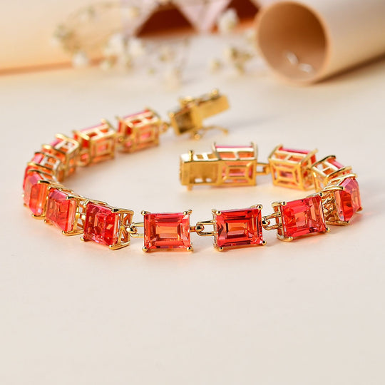Padparadscha Quarz Triplette Armband ca. 20 cm 925 Silber 750 Gelbgold Vermeil ca. 39,02 ct.