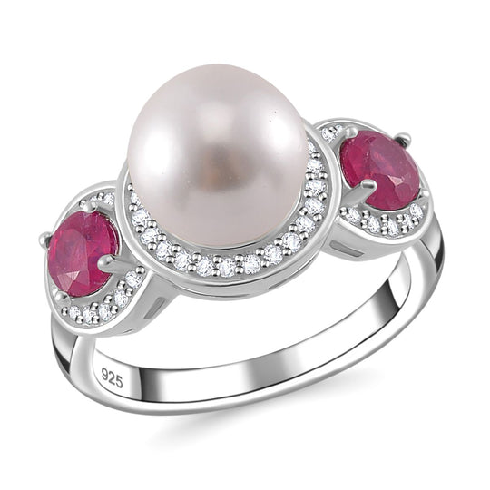 Weißer Muschelkernperle, afrikanischer Rubin und Zirkon Ring, 925 Silber platiniert