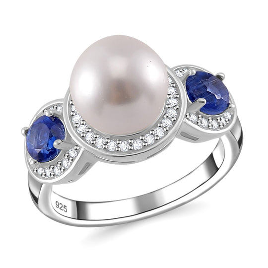 Weißer Muschelkernperle, Kyanit und Zirkon Ring, 925 Silber platiniert