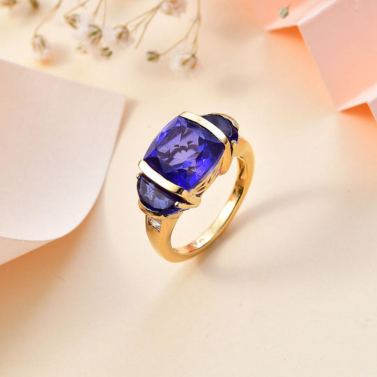 Tansanit-Farbe Quarz Ring 925 Silber vergoldet (Größe 18.00) ca. 7,05 ct