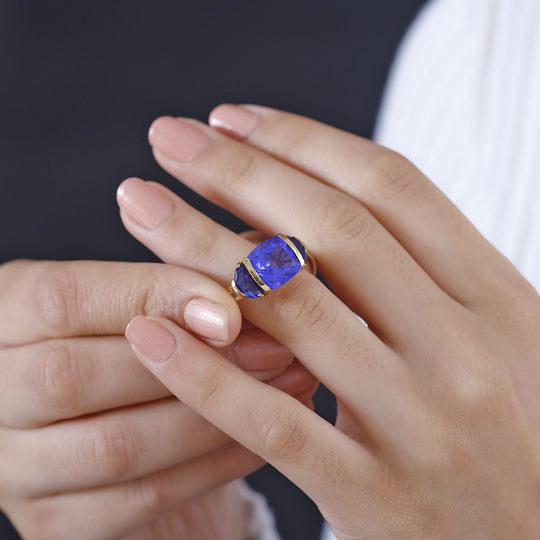 Tansanit-Farbe Quarz Ring 925 Silber vergoldet (Größe 18.00) ca. 7,05 ct