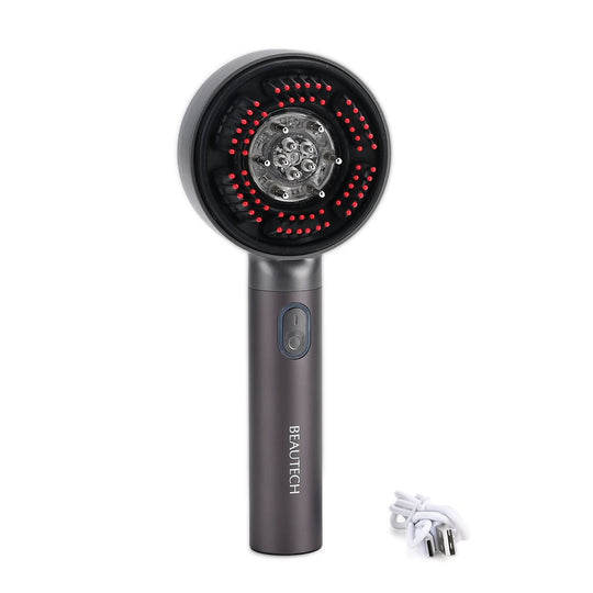 BEAUTECH Kopfhaut-Massagebürste mit rotem Therapielicht, 3 Massagestufen, 620nm Rotlicht, 3ml Ölbehälter, 1500mAh Akku, Typ-C, tragbar, 22x8,5x6 cm, Weiß