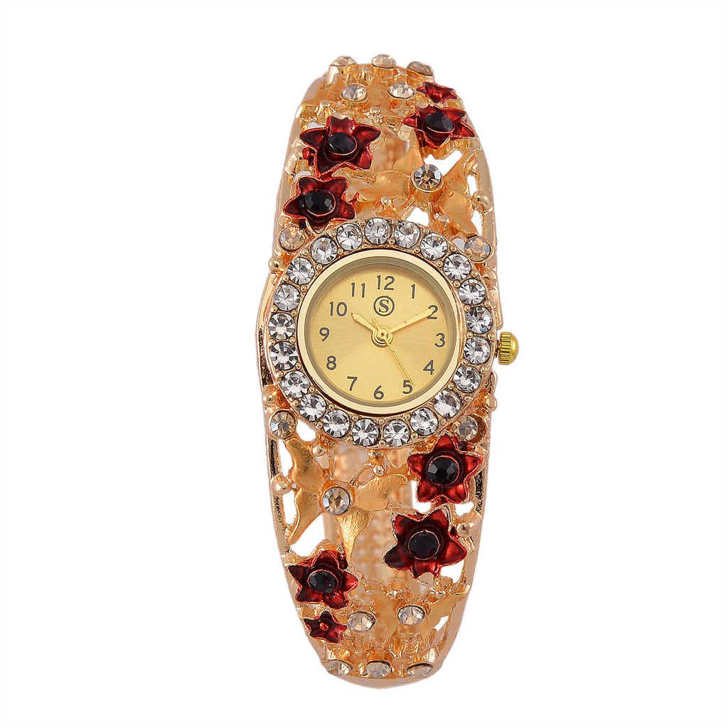 STRADA Bangle-Uhr - Mehrfarbiger Kristall, Japanisches PC21S Uhrwerk, Goldenes Zifferblatt, 316L Edelstahl gehäuse emailliert