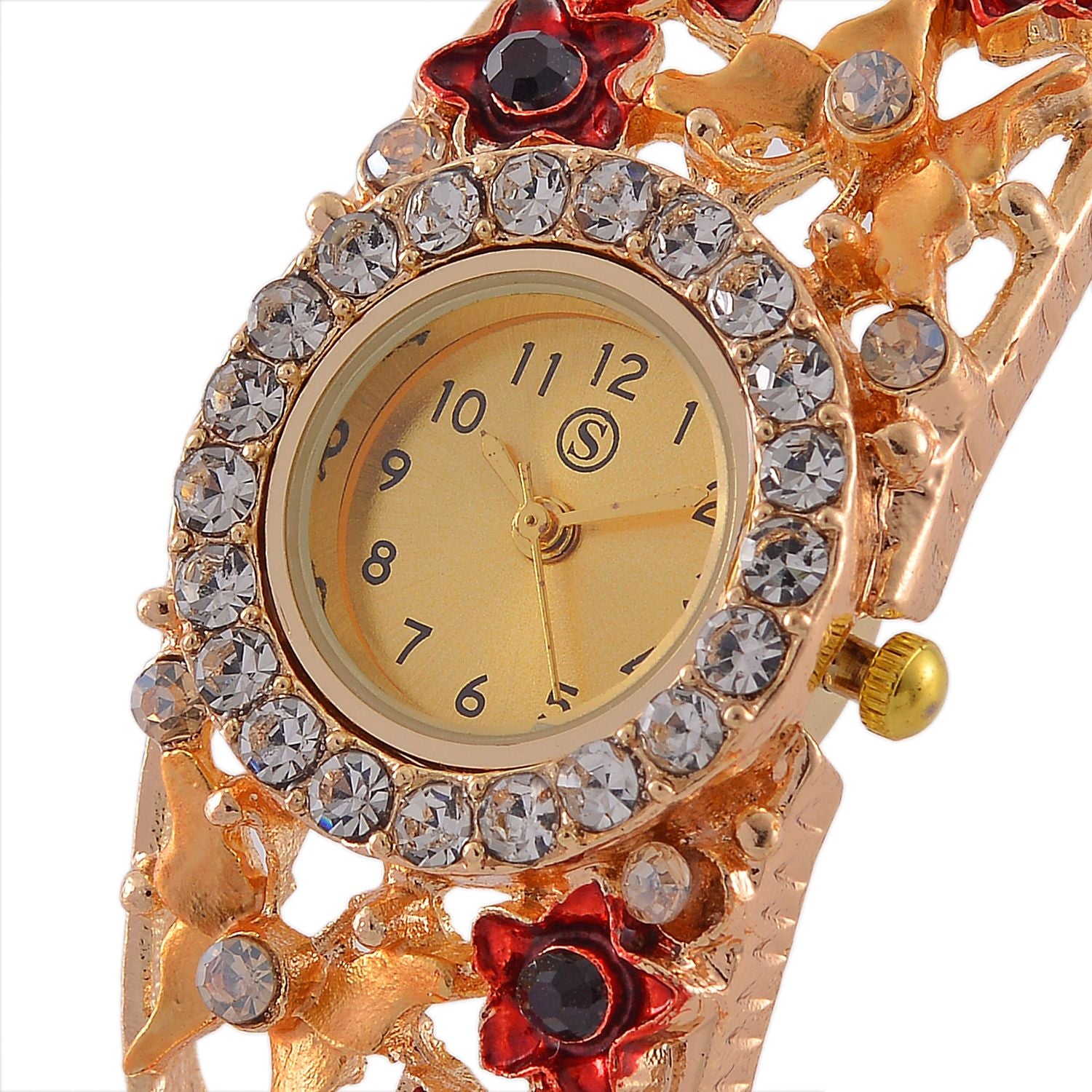 STRADA Bangle-Uhr - Mehrfarbiger Kristall, Japanisches PC21S Uhrwerk, Goldenes Zifferblatt, 316L Edelstahl gehäuse emailliert