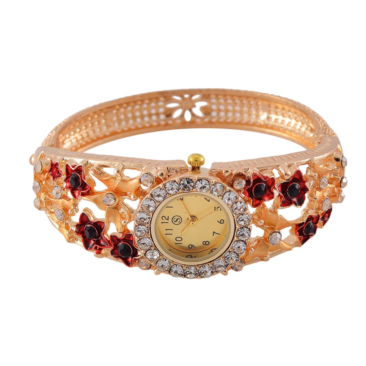 STRADA Bangle-Uhr - Mehrfarbiger Kristall, Japanisches PC21S Uhrwerk, Goldenes Zifferblatt, 316L Edelstahl gehäuse emailliert