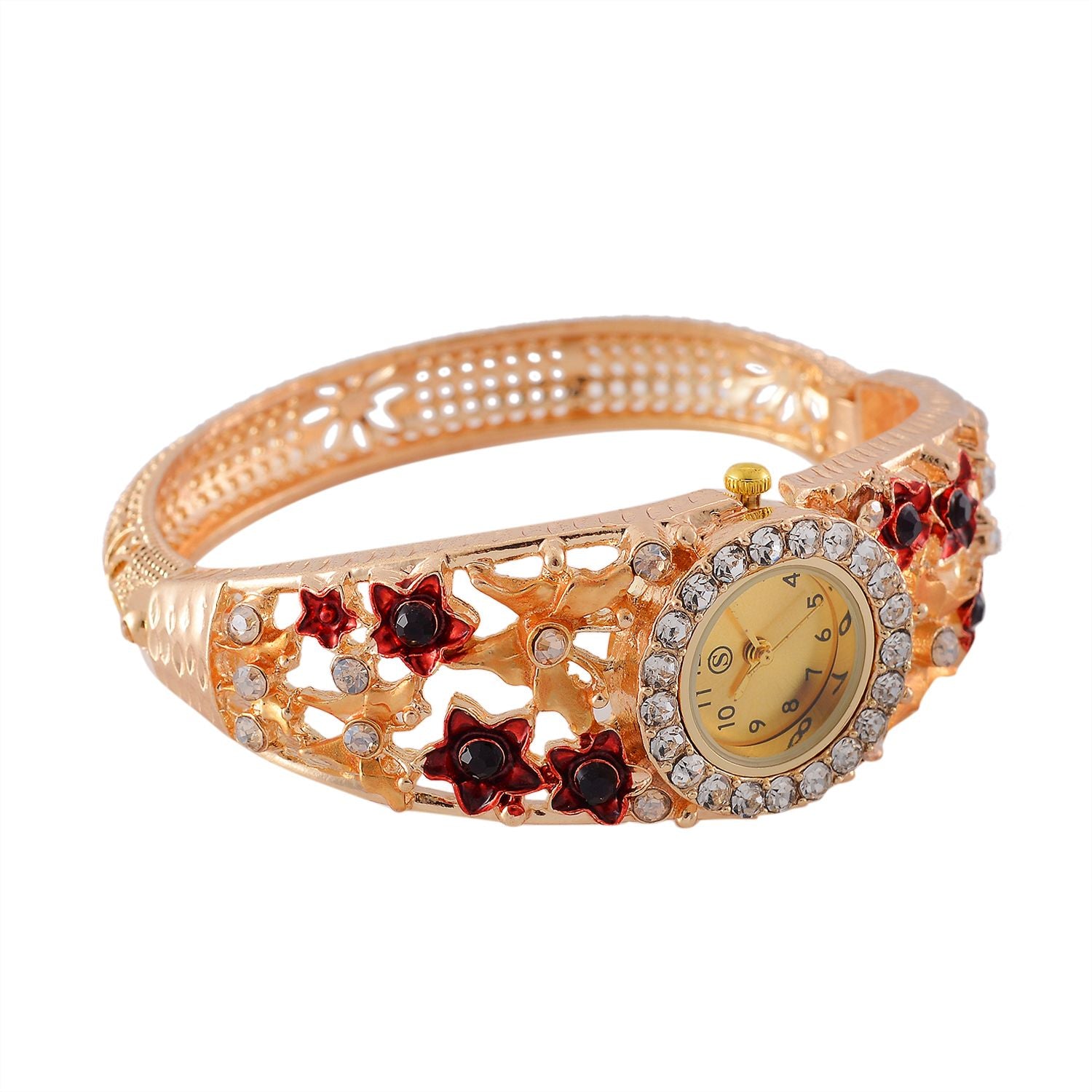 STRADA Bangle-Uhr - Mehrfarbiger Kristall, Japanisches PC21S Uhrwerk, Goldenes Zifferblatt, 316L Edelstahl gehäuse emailliert
