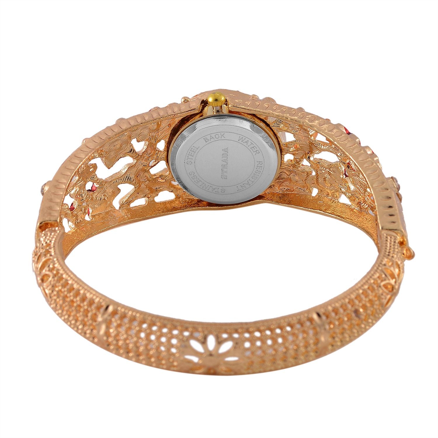 STRADA Bangle-Uhr - Mehrfarbiger Kristall, Japanisches PC21S Uhrwerk, Goldenes Zifferblatt, 316L Edelstahl gehäuse emailliert