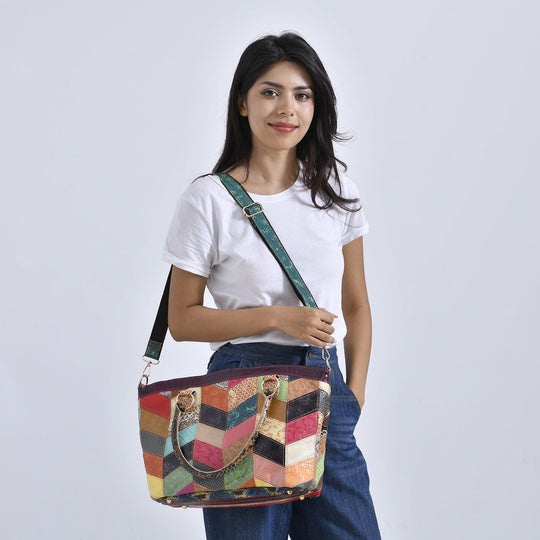 Chaos by Elsie - 100% Echtleder gewebter Tasche mit RFID schutz, 32x23x11cm, Patchwork