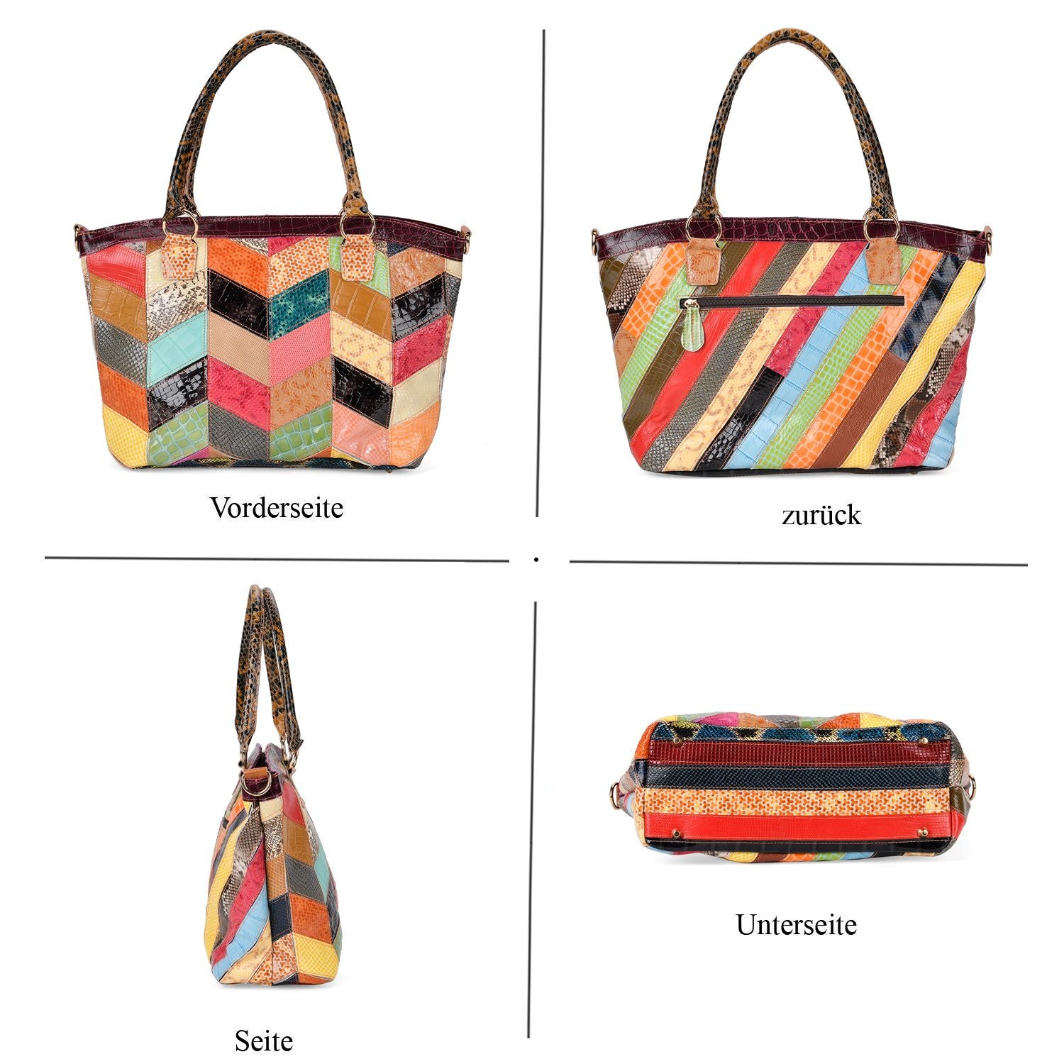 Chaos by Elsie - 100% Echtleder gewebter Tasche mit RFID schutz, 32 x 23 x 11 cm, Patchwork