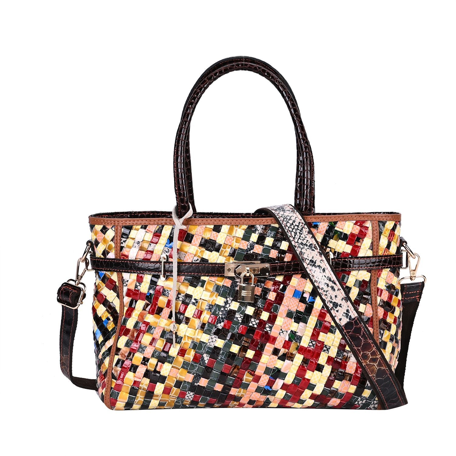 Chaos by Elsie - RFID Leder Tote Tasche mit Glänzendem Mehrfarbigen Webmuster, 34x14x25cm