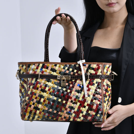 Chaos by Elsie - RFID Leder Tote Tasche mit Glänzendem Mehrfarbigen Webmuster, 34x14x25cm