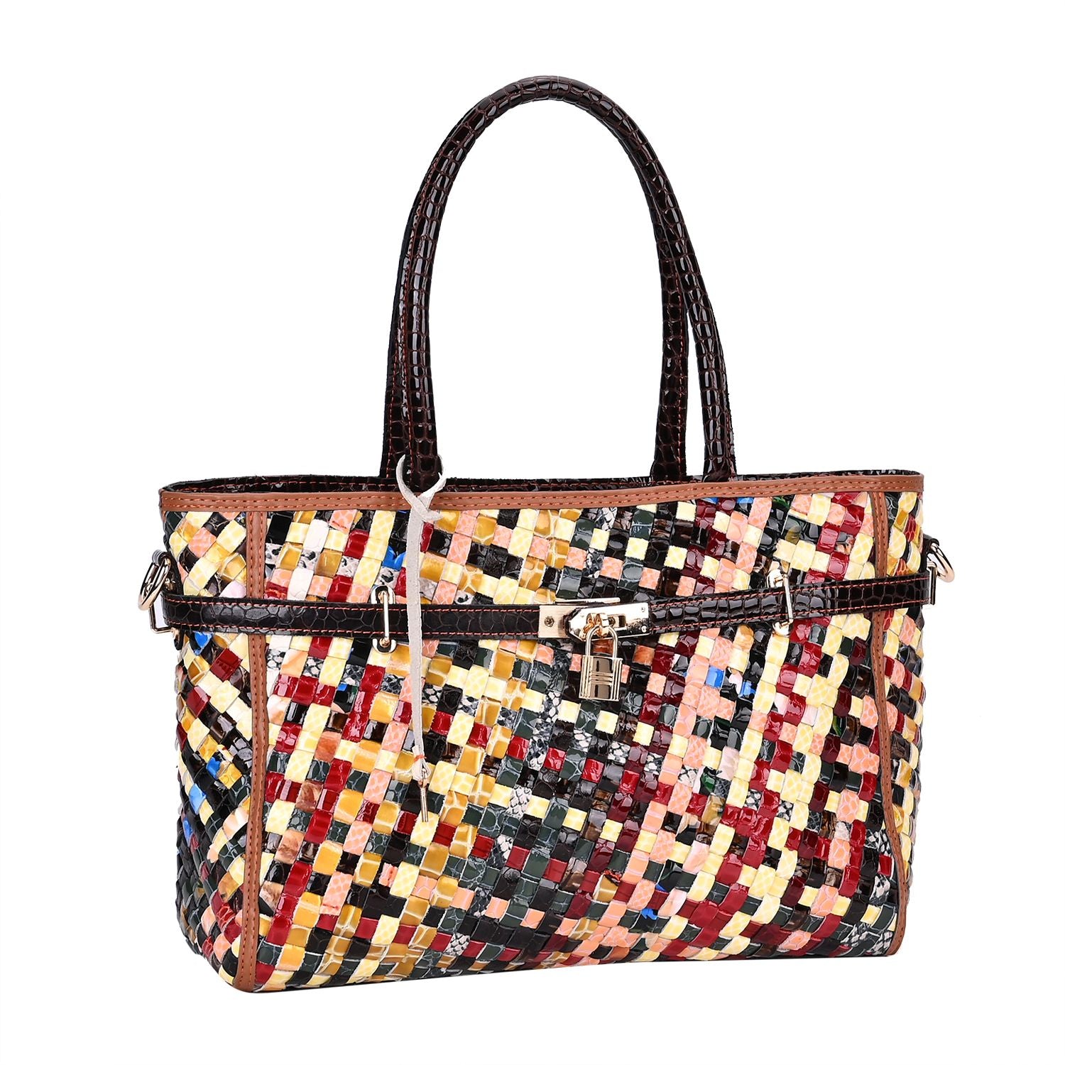 Chaos by Elsie - RFID Leder Tote Tasche mit Glänzendem Mehrfarbigen Webmuster, 34x14x25cm