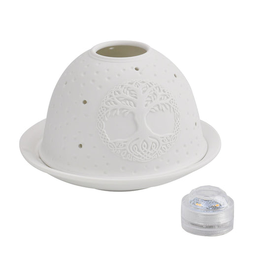 Tealight Candle Holder with LED light   Pattern:Bethlehem Made in an unglazed white porcelain  Size:Dia10.5xH7.5CM LED Battery: 2*CR2032                    Weight:161g Color:white