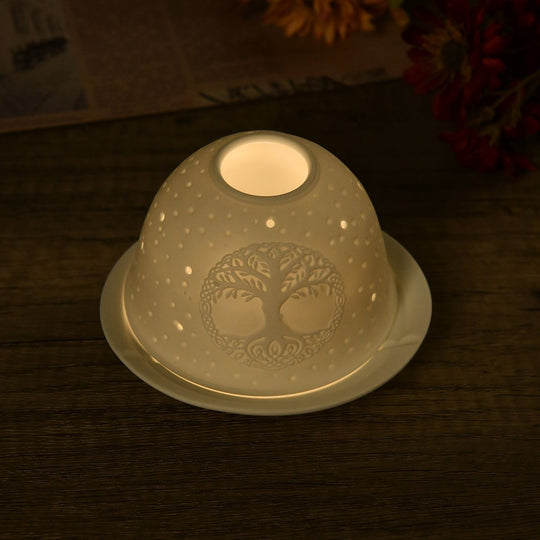 Tealight Candle Holder with LED light   Pattern:Bethlehem Made in an unglazed white porcelain  Size:Dia10.5xH7.5CM LED Battery: 2*CR2032                    Weight:161g Color:white