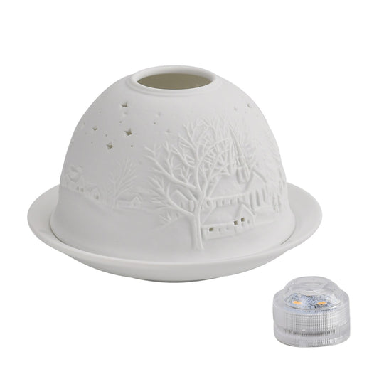 Tealight Candle Holder with LED light   Pattern:Bethlehem Made in an unglazed white porcelain  Size:Dia10.5xH7.5CM LED Battery: 2*CR2032                    Weight:161g Color:white
