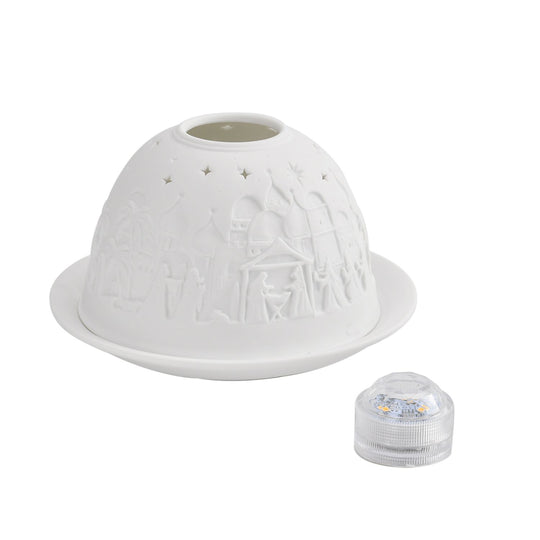 Tealight Candle Holder with LED light   Pattern:Bethlehem Made in an unglazed white porcelain  Size:Dia10.5xH7.5CM LED Battery: 2*CR2032                    Weight:161g Color:white