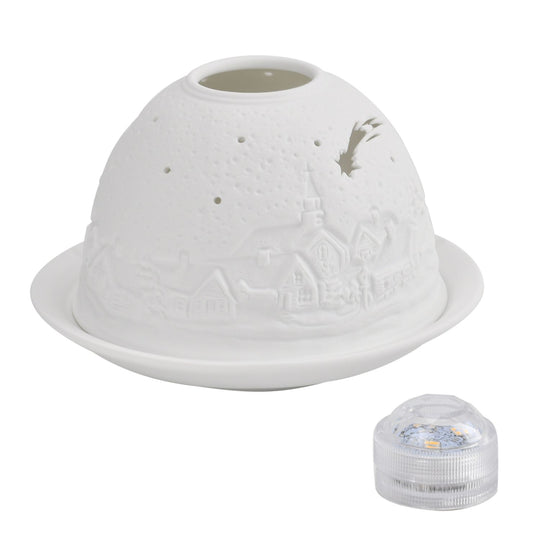 Tealight Candle Holder with LED light   Pattern:Bethlehem Made in an unglazed white porcelain  Size:Dia10.5xH7.5CM LED Battery: 2*CR2032                    Weight:161g Color:white