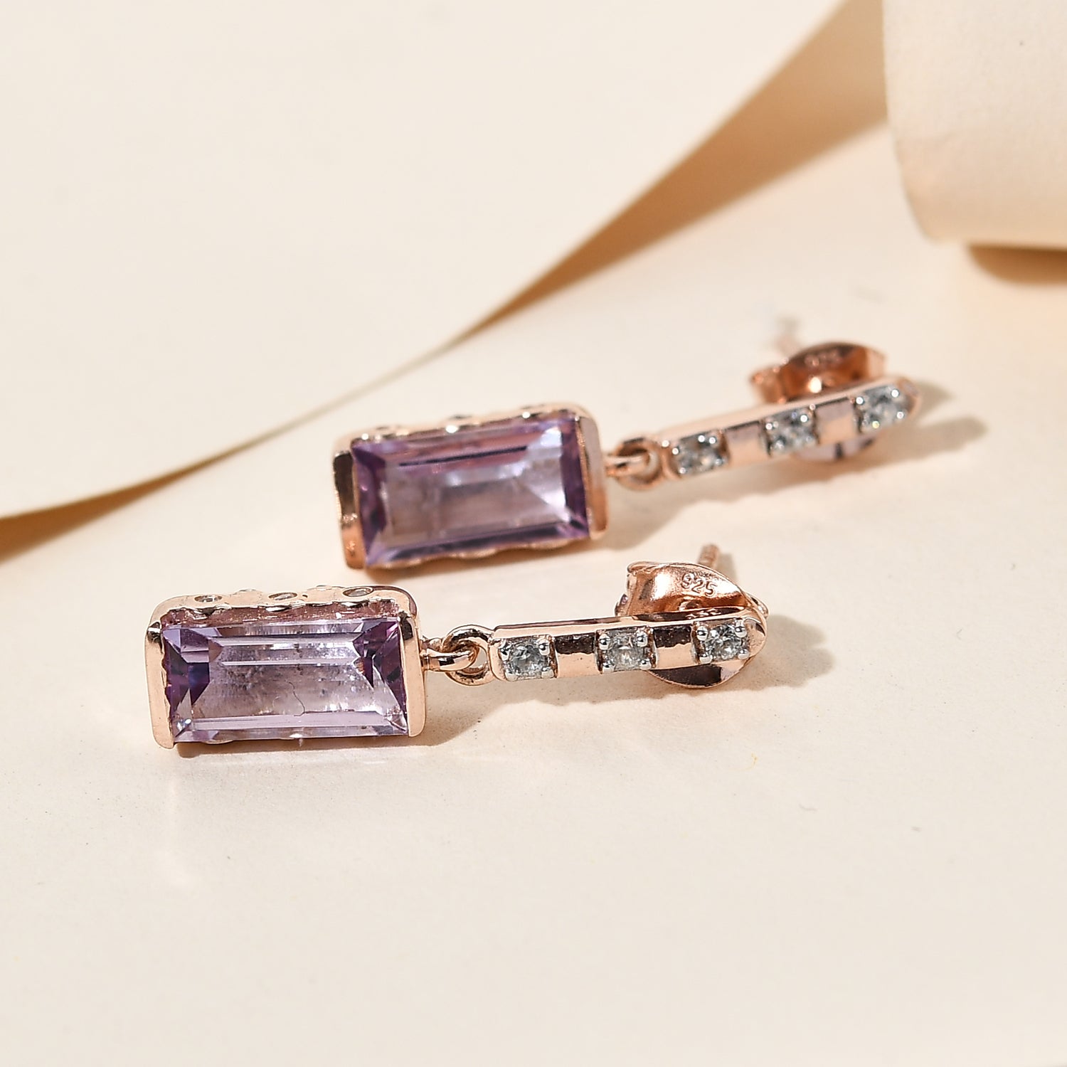 Rosa Amethyst und Zirkon-Ohrringe, 925 Silber rosévergoldet ca. 3,03 ct