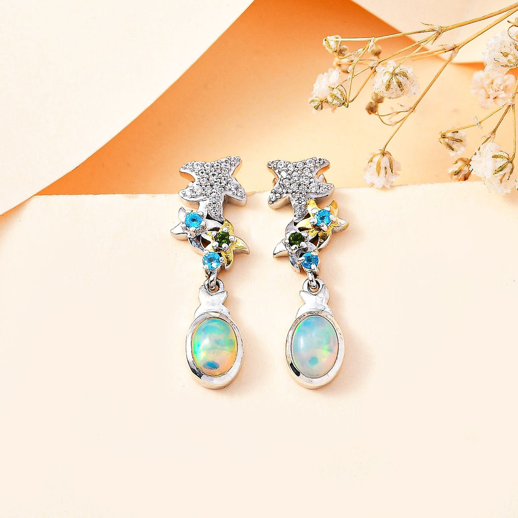 GP Celestial Kollektion - AA Natürlicher, äthiopischer Welo Opal, Neon Apatit Ohrringe Messing Rhodiniert und 750 Gelbgold Vermeil ca. 1.56 ct