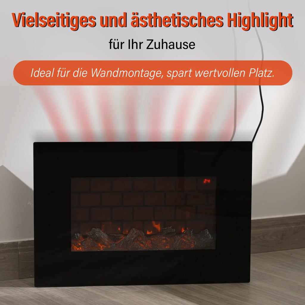 Elektrischer Wandkamin-Heizlüfter, Schwarz - Fernbedienung, 3D-Flammeneffekt, 5 LED-Farben, einstellbare Temperatur, Timer Überhitzungsschutz, langlebiges Metallgehäuse, 66 x 10 x 44 cm