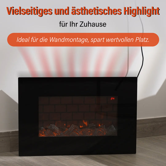Elektrischer Wandkamin-Heizlüfter, Schwarz - Fernbedienung, 3D-Flammeneffekt, 5 LED-Farben, einstellbare Temperatur, Timer Überhitzungsschutz, langlebiges Metallgehäuse, 66 x 10 x 44 cm