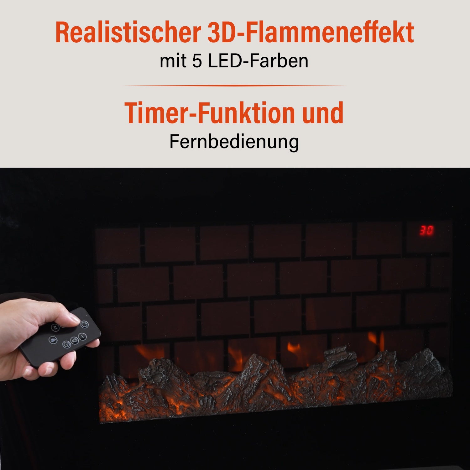 Elektrischer Wandkamin-Heizlüfter, Schwarz - Fernbedienung, 3D-Flammeneffekt, 5 LED-Farben, einstellbare Temperatur, Timer Überhitzungsschutz, langlebiges Metallgehäuse, 66 x 10 x 44 cm