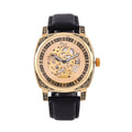 Genoa Time V2 Automatik-Uhr mit Mechanischem Uhrwerk, Goldfarbener Gravur und Schwarzem Lederarmband