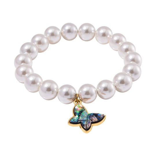 Sleeping Beauty türkisfarbenes Muschelkernperle und Abalone Muschel flexibles Armband, Legierung vergoldet