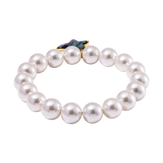 Sleeping Beauty türkisfarbenes Muschelkernperle und Abalone Muschel flexibles Armband, Legierung vergoldet