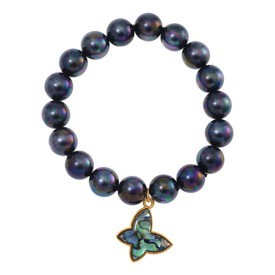Sleeping Beauty türkisfarbenes Muschelkernperle und Abalone Muschel flexibles Armband, Legierung vergoldet