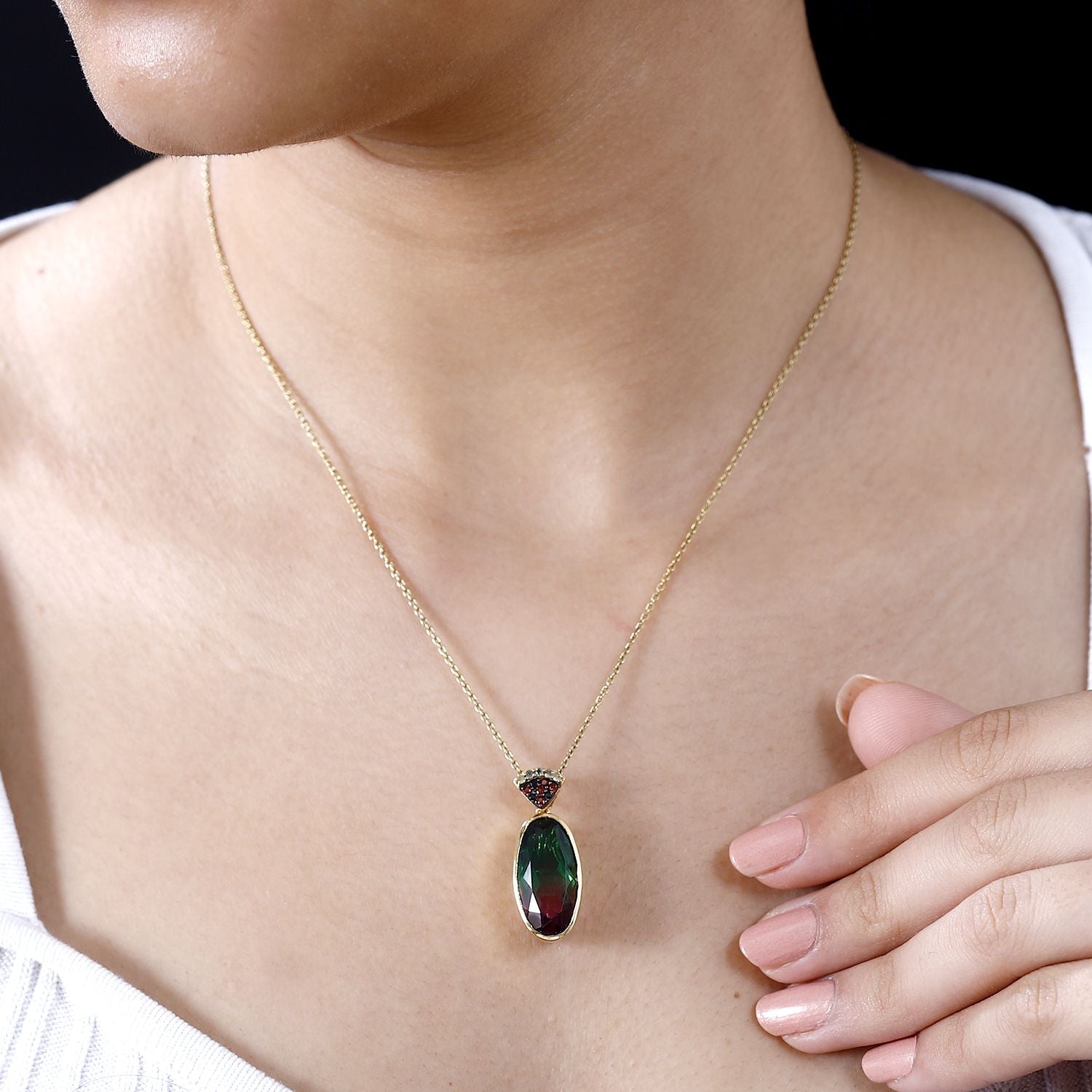 Wassermelonen Quarz Triplette, Schwarzer Spinell Anhänger 925 Silber 750 Gelbgold Vermeil ca. 10.50 ct